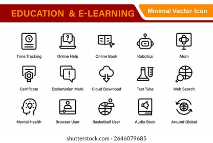 Conjunto educacional de ícones da Web em estilo de linha. Ícones de aprendizado para aplicativos móveis e da Web. E-learning, tutorial em vídeo, conhecimento, estudo, escola, universidade, webinar, educação on-line.