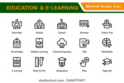 Conjunto educacional de ícones da Web em estilo de linha. Ícones de aprendizado para aplicativos móveis e da Web. E-learning, tutorial em vídeo, conhecimento, estudo, escola, universidade, webinar, educação on-line.