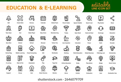 Education set of web icons in line style. Learning icons for web and mobile app. E-learning, video tutorial, knowledge, study, school, university, webinar, online education.