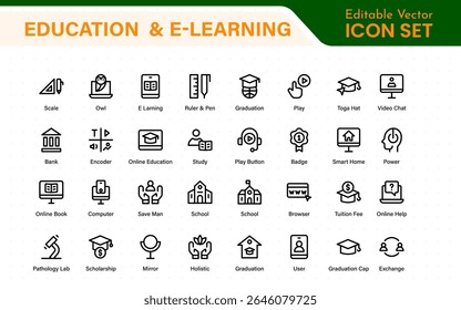 Conjunto educacional de ícones da Web em estilo de linha. Ícones de aprendizado para aplicativos móveis e da Web. E-learning, tutorial em vídeo, conhecimento, estudo, escola, universidade, webinar, educação on-line.