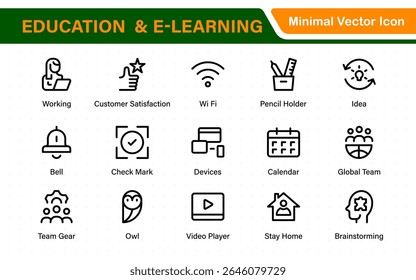 Conjunto educacional de ícones da Web em estilo de linha. Ícones de aprendizado para aplicativos móveis e da Web. E-learning, tutorial em vídeo, conhecimento, estudo, escola, universidade, webinar, educação on-line.