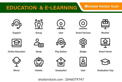 Conjunto educacional de ícones da Web em estilo de linha. Ícones de aprendizado para aplicativos móveis e da Web. E-learning, tutorial em vídeo, conhecimento, estudo, escola, universidade, webinar, educação on-line.