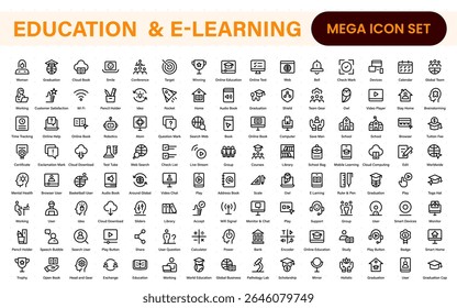 Conjunto educacional de ícones da Web em estilo de linha. Ícones de aprendizado para aplicativos móveis e da Web. E-learning, tutorial em vídeo, conhecimento, estudo, escola, universidade, webinar, educação on-line.