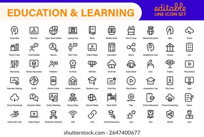 Conjunto educacional de ícones da Web em estilo de linha. Ícones de aprendizado para aplicativos móveis e da Web. E-learning, tutorial em vídeo, conhecimento, estudo, escola, universidade, webinar, educação on-line.