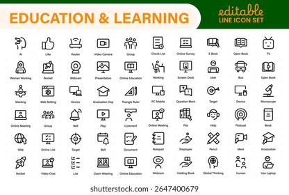 Conjunto educacional de ícones da Web em estilo de linha. Ícones de aprendizado para aplicativos móveis e da Web. E-learning, tutorial em vídeo, conhecimento, estudo, escola, universidade, webinar, educação on-line.