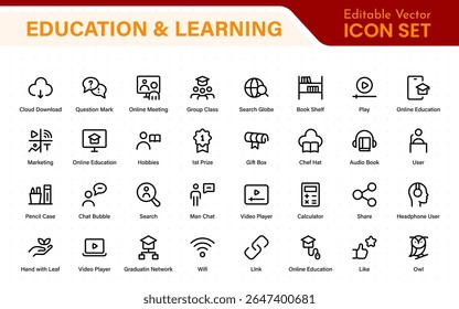 Conjunto educacional de ícones da Web em estilo de linha. Ícones de aprendizado para aplicativos móveis e da Web. E-learning, tutorial em vídeo, conhecimento, estudo, escola, universidade, webinar, educação on-line.