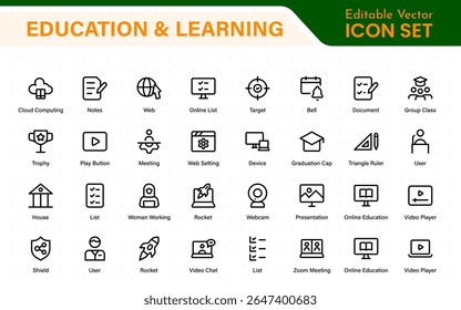 Education set of web icons in line style. Learning icons for web and mobile app. E-learning, video tutorial, knowledge, study, school, university, webinar, online education.
