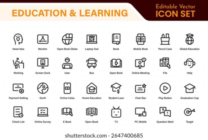 Conjunto educacional de ícones da Web em estilo de linha. Ícones de aprendizado para aplicativos móveis e da Web. E-learning, tutorial em vídeo, conhecimento, estudo, escola, universidade, webinar, educação on-line.