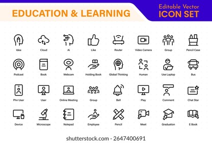 Education set of web icons in line style. Learning icons for web and mobile app. E-learning, video tutorial, knowledge, study, school, university, webinar, online education.