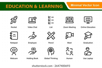 Conjunto educacional de ícones da Web em estilo de linha. Ícones de aprendizado para aplicativos móveis e da Web. E-learning, tutorial em vídeo, conhecimento, estudo, escola, universidade, webinar, educação on-line.