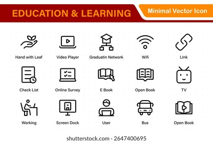Conjunto educacional de ícones da Web em estilo de linha. Ícones de aprendizado para aplicativos móveis e da Web. E-learning, tutorial em vídeo, conhecimento, estudo, escola, universidade, webinar, educação on-line.