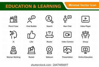 Conjunto educacional de ícones da Web em estilo de linha. Ícones de aprendizado para aplicativos móveis e da Web. E-learning, tutorial em vídeo, conhecimento, estudo, escola, universidade, webinar, educação on-line.