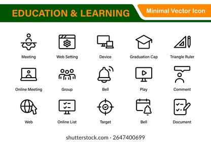 Conjunto educacional de ícones da Web em estilo de linha. Ícones de aprendizado para aplicativos móveis e da Web. E-learning, tutorial em vídeo, conhecimento, estudo, escola, universidade, webinar, educação on-line.