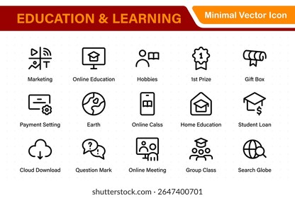 Conjunto educacional de ícones da Web em estilo de linha. Ícones de aprendizado para aplicativos móveis e da Web. E-learning, tutorial em vídeo, conhecimento, estudo, escola, universidade, webinar, educação on-line.