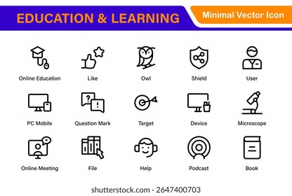 Conjunto educacional de ícones da Web em estilo de linha. Ícones de aprendizado para aplicativos móveis e da Web. E-learning, tutorial em vídeo, conhecimento, estudo, escola, universidade, webinar, educação on-line.