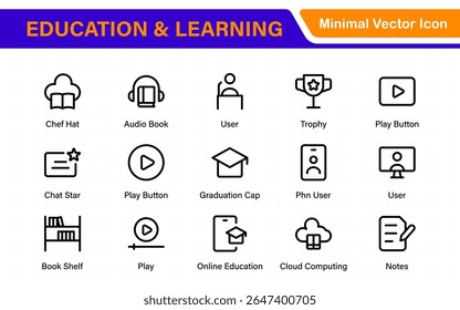 Conjunto educacional de ícones da Web em estilo de linha. Ícones de aprendizado para aplicativos móveis e da Web. E-learning, tutorial em vídeo, conhecimento, estudo, escola, universidade, webinar, educação on-line.