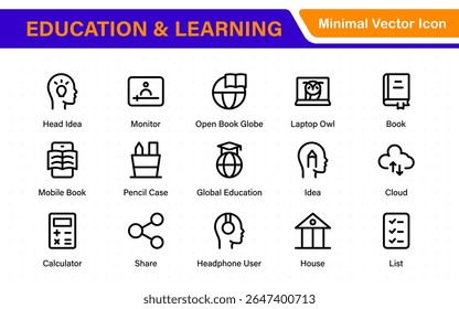 Conjunto educacional de ícones da Web em estilo de linha. Ícones de aprendizado para aplicativos móveis e da Web. E-learning, tutorial em vídeo, conhecimento, estudo, escola, universidade, webinar, educação on-line.