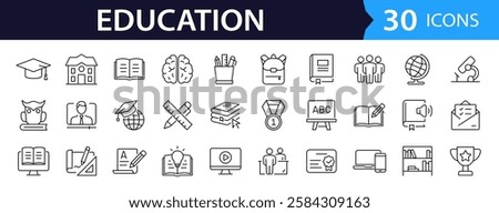 Education set of web icons in line style. Learning icons for web and mobile app. E-learning, video tutorial, knowledge, study, school, university, webinar, online education. Vector illustration