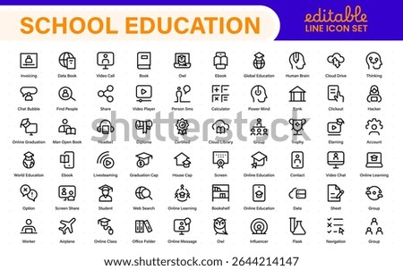 Education set of web icons in line style. Learning icons for web and mobile app. E-learning, video tutorial, knowledge, study, school, university, webinar, online education.
