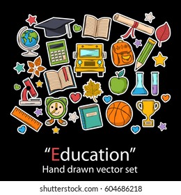 Education set.Fashion patch badges collection.Vector Graduate hand draw set on a black background.School pins,stickers, patches in doddle style.Trend.Vector illustration isolated. Vector clip art.