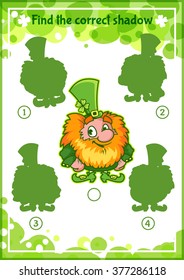 Education shadow matching task for kids with smiling leprechaun. Find the correct shadow. Cartoon vector illustration.