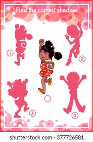 Education shadow matching task for kids with happy children. Find the correct shadow. Cartoon vector illustration.