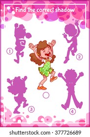 Education shadow matching task for kids with happy children. Find the correct shadow. Cartoon vector illustration.