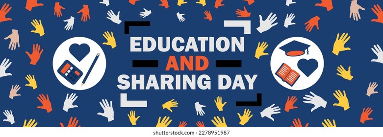 Día de la Educación y Compartir 2 de abril cartel vectorial con íconos de temas educativos como libro, lápiz, sombrero de graduación, calculadora, formas de mano y corazón en un fondo azul. moderno y sencillo.