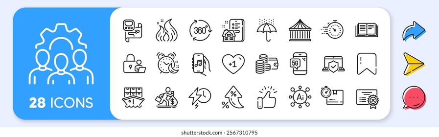 Education, Shipment and Alarm line icons. Interest rate, AI generate, Inflation icons. Pack of 5g phone, Carousels, Reject certificate icon. Laptop insurance, Wallet, Music app pictogram. Vector