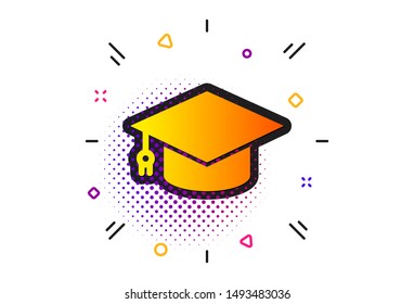 Education sign. Halftone circles pattern. Graduation cap icon. Student hat symbol. Classic flat graduation cap icon. Vector