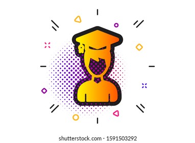 Education sign. Halftone circles pattern. Man in Graduation cap icon. Student hat symbol. Classic flat student icon. Vector