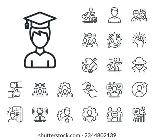 Education sign. Specialist, doctor and job competition outline icons. Man in Graduation cap line icon. Student hat symbol. Student line sign. Avatar placeholder, spy headshot icon. Vector