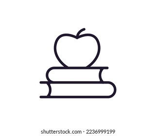 Education sign. Vector symbol drawn in trendy line style. Perfect for mobile apps, online shops, stores, adverts, UI. Editable stroke. Line icon of apple on stack of books 