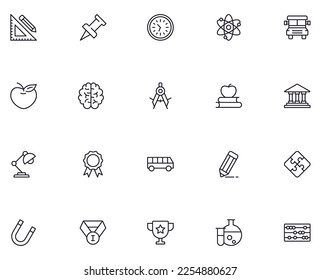 Education sign. Vector symbol drawn in trendy line style. Perfect for mobile apps, online shops, stores, adverts, UI. Editable stroke. Line icon of liner, pencil, push pin, building etc 