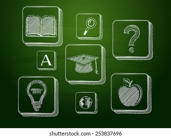 education signs - white chalk symbols over green blackboard, learning concept icons, vector