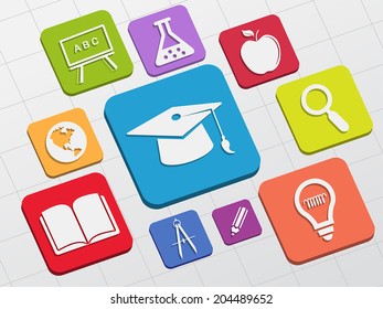 education signs - white symbols in colorful flat design blocks, learning concept icons, vector