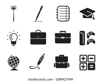 Education simple icons set with rules, graduation cap and pen. Thirteen vector icons