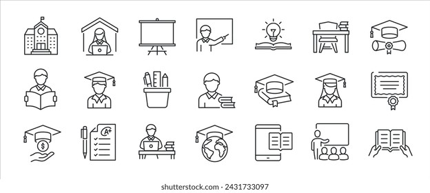 Education simple minimal thin line icons. Related student, academy, school, college. Vector illustration.