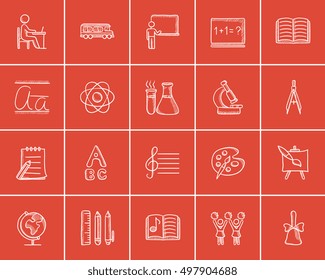 Education sketch icon set for web, mobile and infographics. Hand drawn education icon set. Education vector icon set. Education icon set isolated on red background.