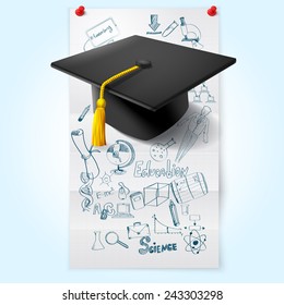 Education sketch on paper sheet with graduation hat vector illustration