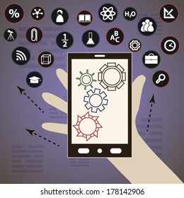 Education smartphone flat design illustration with icons and gears illustration