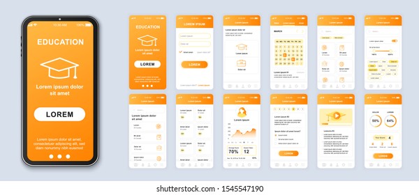 Education smartphone interface vector templates set. Studying online mobile app orange web design layout. Pack of UI, UX, GUI screens for application. Phone display. Web design kit