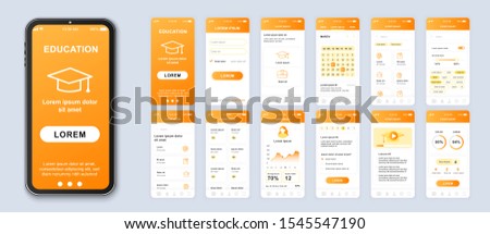 Education smartphone interface vector templates set. Studying online mobile app orange web design layout. Pack of UI, UX, GUI screens for application. Phone display. Web design kit