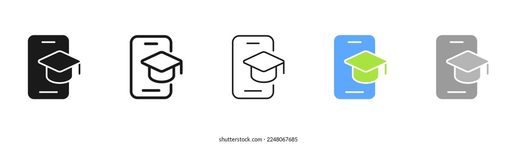Education in smartphone set icon. Hat, university, teacher, library, book, textbook, distance learning, student, lecture, couple, dictionary. Learning concept. Vector five icon in different style