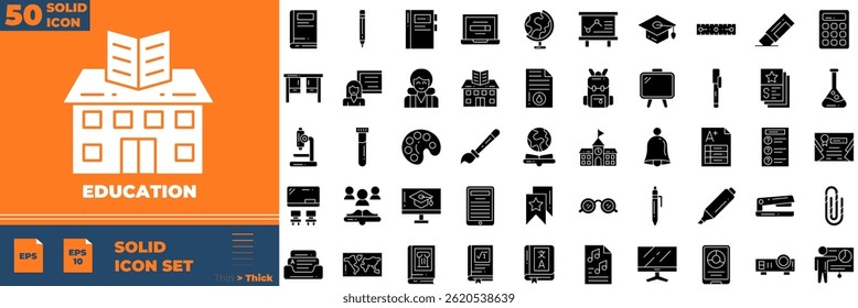 Education Solid Editable Icons set. Vector illustration in modern thin solid style of education icons: book, school, course, etc