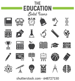 Education solid icon set, school symbols collection, knowledge vector sketches, logo illustrations, filled pictograms package isolated on white background, eps 10.