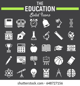 Education solid icon set, school symbols collection, knowledge vector sketches, logo illustrations, filled pictograms package isolated on black background, eps 10.