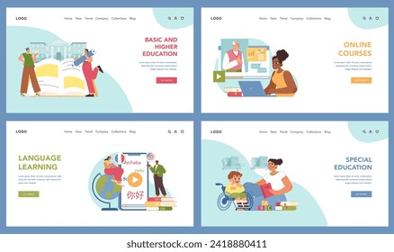 Education spectrum set. People of various ages study. Comprehensive portrayal of learning stages and methods, from basic to higher education, showing diverse academic scenes. Flat vector illustration