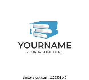 Education, Stack Of Books And Bachelor Hat, Logo Design. Study, Knowledge Acquisition, University And Institute, Vector Design And Illustration