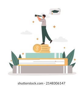 Education stack concept. Man with binoculars stands in books and looks into distance. Student planning career, young professional, self development and knowledge. Cartoon flat vector illustration